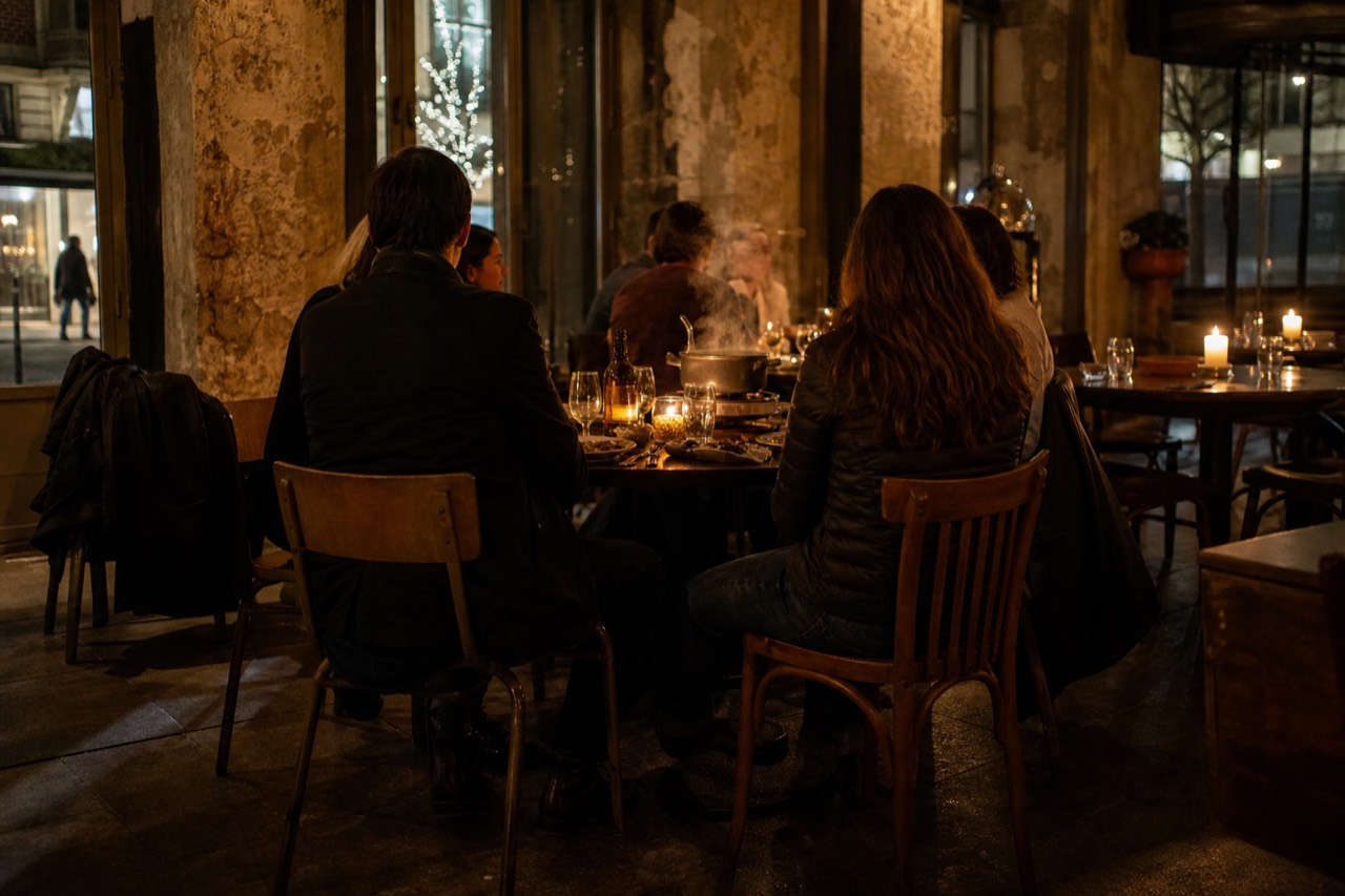 Diners in smart-casual clothing at a candlelit table aboard a Seine dinner cruise, no text, no logos, no people.