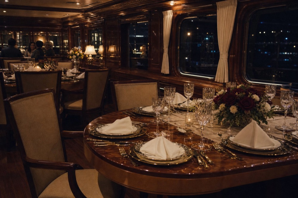 An elegant yacht interior with polished wood paneling and set dining tables, no text, no logos, no people