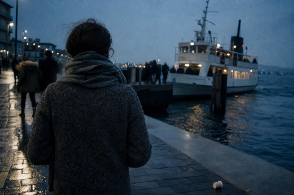 Winter coat and scarf worn for an evening Seine cruise with city lights, no text, no logos, no people